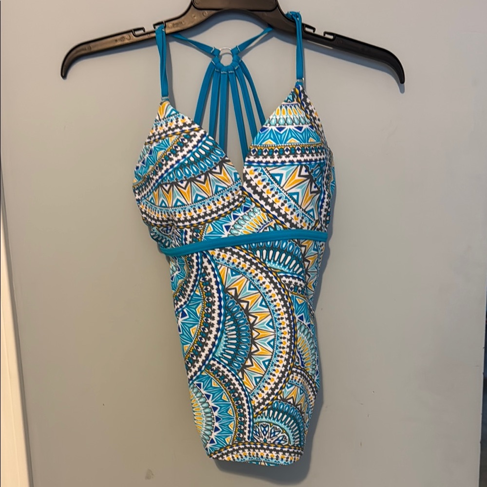Free Country Blue and Yellow Bodysuit Swimwear top with Geometric Design